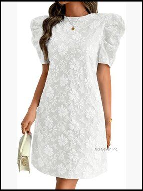 Floral Jacquard Puff Sleeve Shift Dress Lightweight Casual Summer